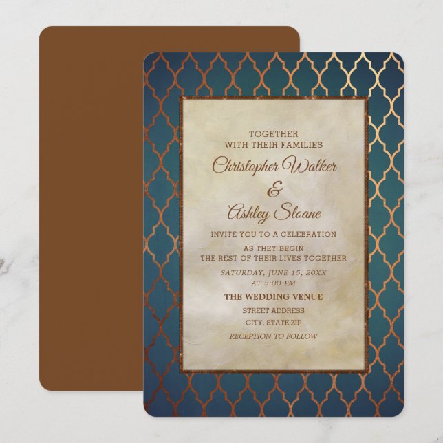 Elegante Convite de Casamento em Teal e Cobre (Frente/Verso)