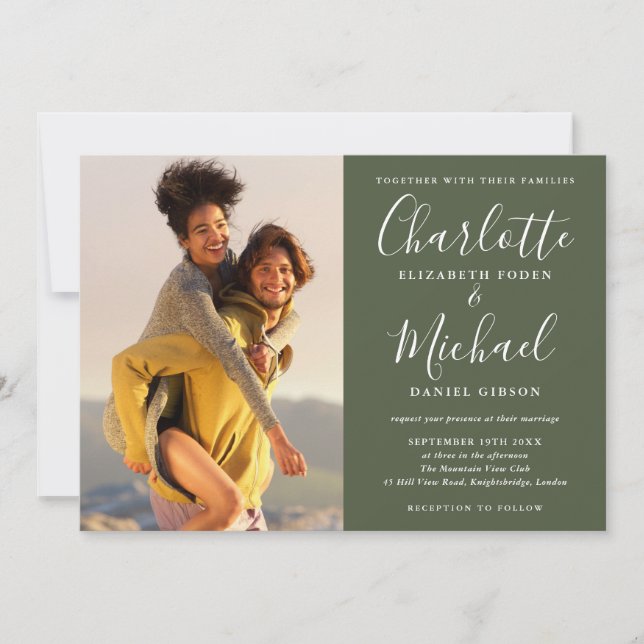Elegante Convite de Casamento em Verde Oliva com F (Frente)