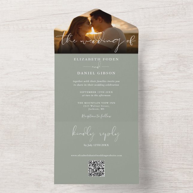 Elegante Convite de Casamento em Verde Sage com Có (Interno)