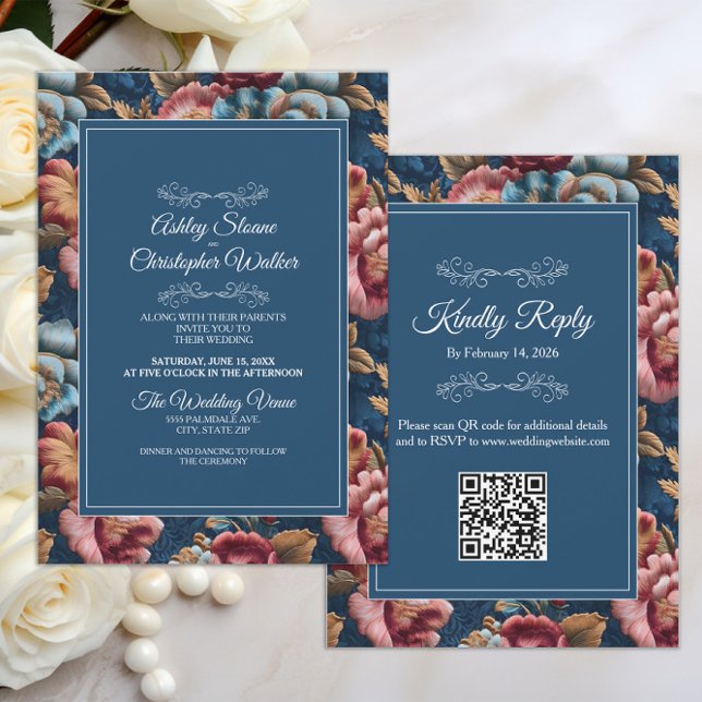 Elegante Convite de Casamento Floral Azul Marinho  (Teal peach floral velvet wedding invitation/rsvp combo with QR code)