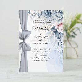 Elegante Convite de Casamento Floral Azul Poeirent