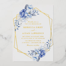 Elegante Convite de Casamento Floral Azul Poeirent