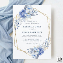 Elegante Convite de Casamento Floral Azul Poeirent