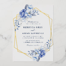 Elegante Convite de Casamento Floral Azul Poeirent