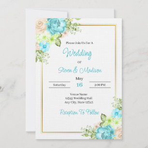 Elegante Convite de Casamento Floral Azul Turquesa