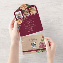 Elegante Convite de Casamento Floral Borgonha Dour