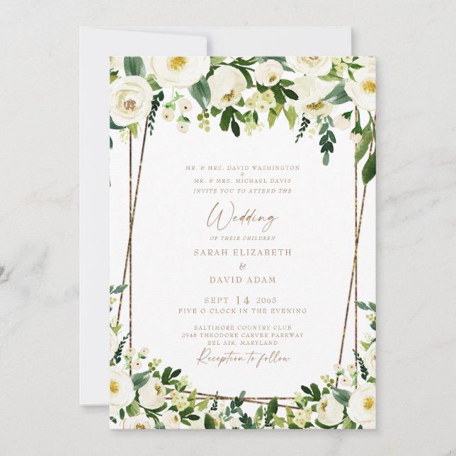 Elegante Convite de Casamento Floral Branco e Dour (Frente)