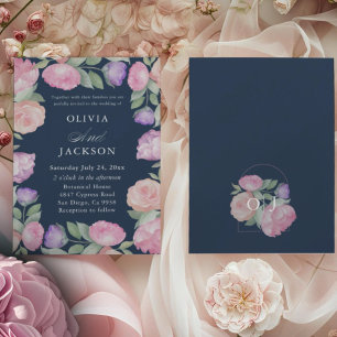 Elegante Convite de Casamento Floral em Azul Escur