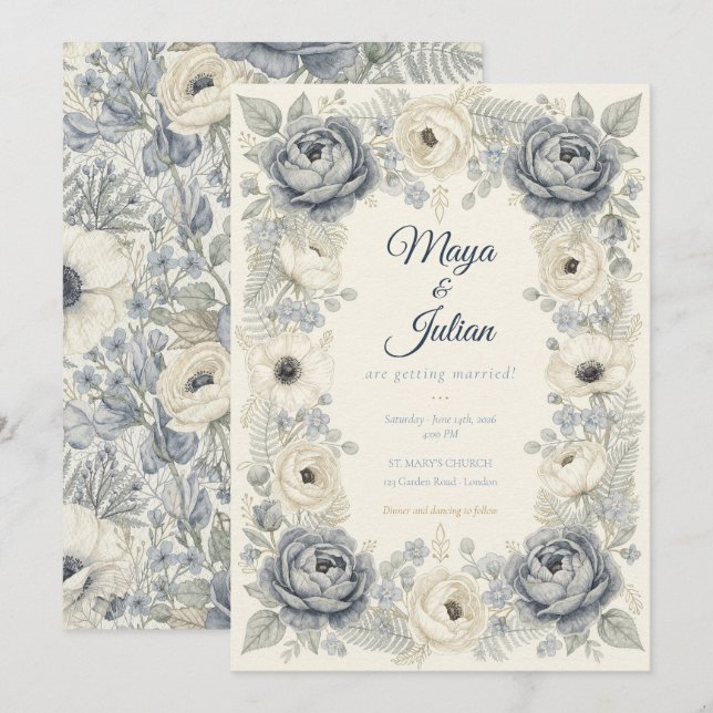 Elegante Convite de Casamento Floral Francês Peôni (Frente/Verso)