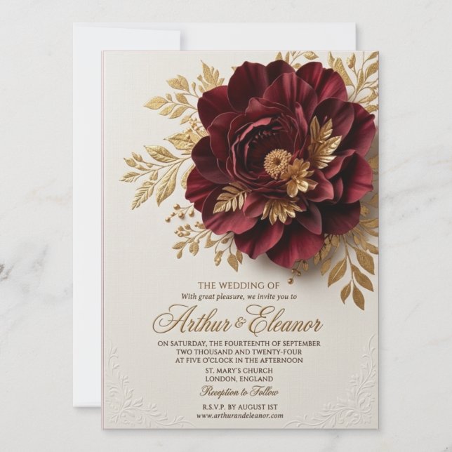 Elegante Convite de Casamento Floral Rosa e Borgon (Frente)
