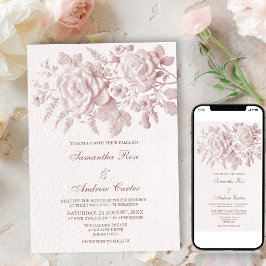 Elegante Convite de Casamento Floral Rosa Falso Em
