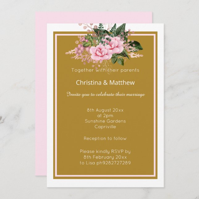 ELEGANTE CONVITE DE CASAMENTO FLORAL ROSA OURO MOD (Frente/Verso)