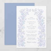 Elegante Convite de Casamento Floral Vintage Azul