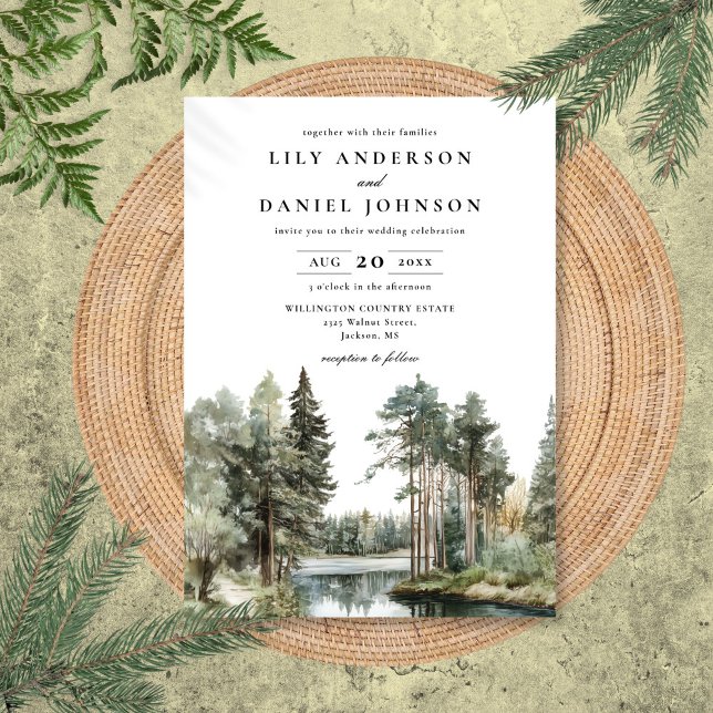 Elegante Convite de Casamento Floresta de Madeira  (Elegant Watercolor Lake Forest Woodland Wedding Invitation)