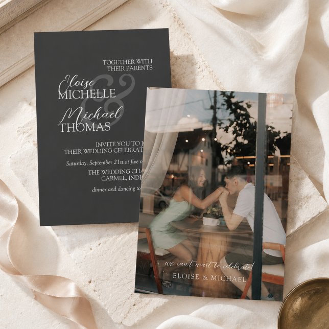 Elegante Convite de Casamento Formal com Foto em C (Elegant Charcoal Photo Formal Wedding Invitation)