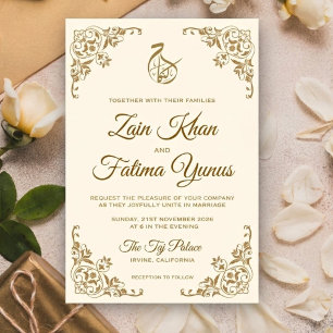 Elegante Convite de Casamento Islâmico Creme e Dou