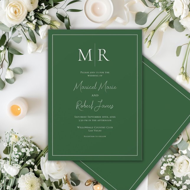Elegante Convite de Casamento Moderno em Verde Caç (Criador carregado)