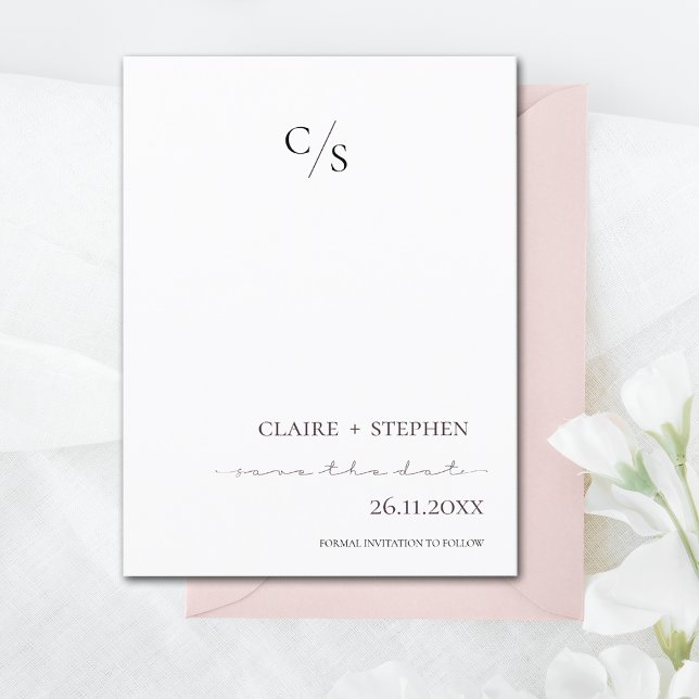 Elegante Convite de Casamento Monograma Minimalist (Elegant Minimalist Monogram Black White Wedding Announcement Postcard)