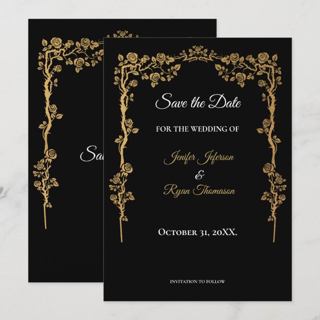 Elegante convite de casamento preto e dourado para (Frente/Verso)