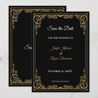 Elegante convite de casamento preto e dourado para