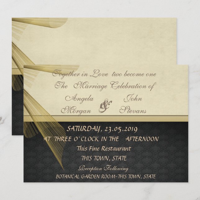 Elegante Convite de Casamento Preto Estiloso com D (Frente/Verso)