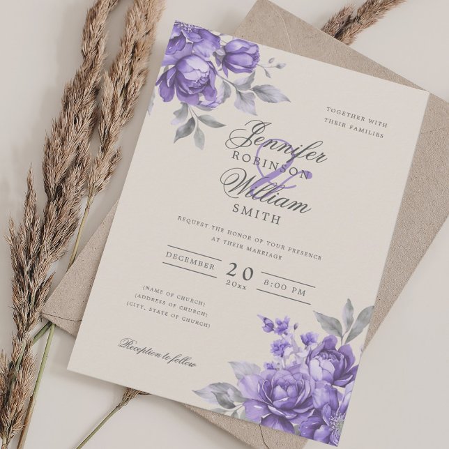Elegante Convite de Casamento Roxo Floral Rústico  (Elegant Script Wedding Purple Rustic Floral Invitation)