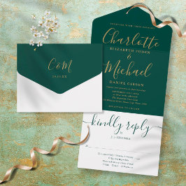 Elegante Convite de Casamento Verde Esmeralda com