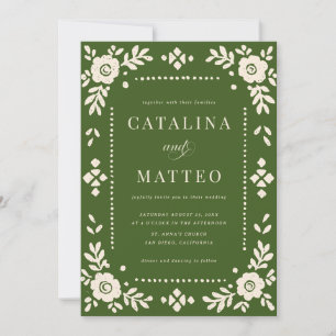 Elegante Convite de Casamento Verde Papel Picado