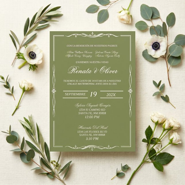 Elegante convite de casamento verde Sage em espanh (Criador carregado)
