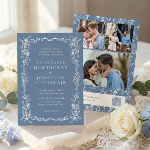 Elegante Convite de Casamento Vintage em Azul Poei