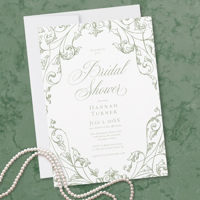 Elegante Convite de Chá de Noiva com Moldura Flora (Elegant Sage Green Floral Frame Bridal Shower Invitation)