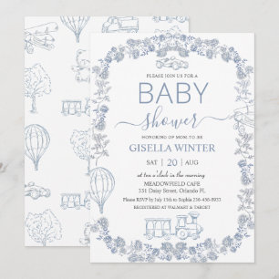 Elegante Convite de Chás de Bebê em Azul Poeirento