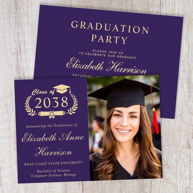 Elegante Convite de Festa de Formatura da Faculdad (Elegant Purple Gold Photo College Graduation Party Invitation)
