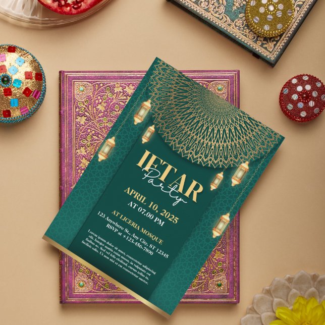 Elegante Convite de Festa de Iftar do Ramadão em V (Elegant Green and Gold Ramadan Iftar Party Invitation)