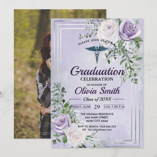 Elegante Convite de Formatura de Enfermagem Foto | (Frente/Verso)