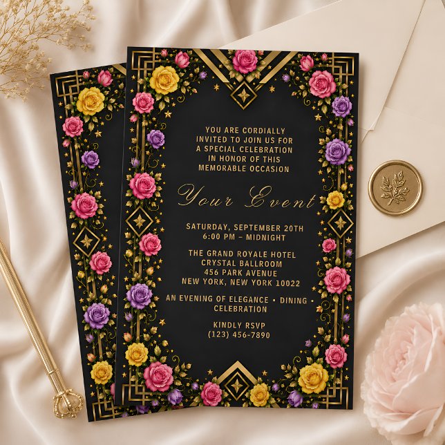 Elegante Convite de Gala Floral Preto Dourado  (Criador carregado)