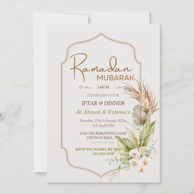 Elegante convite de Iftar e jantar Ramadan Mubarak (Frente)