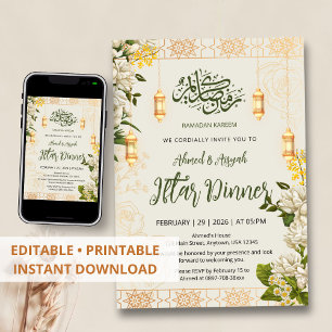 Elegante Convite de Iftar Floral de Jasmim Branco