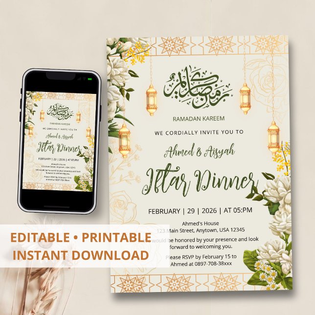 Elegante Convite de Iftar Floral de Jasmim Branco  (Criador carregado)