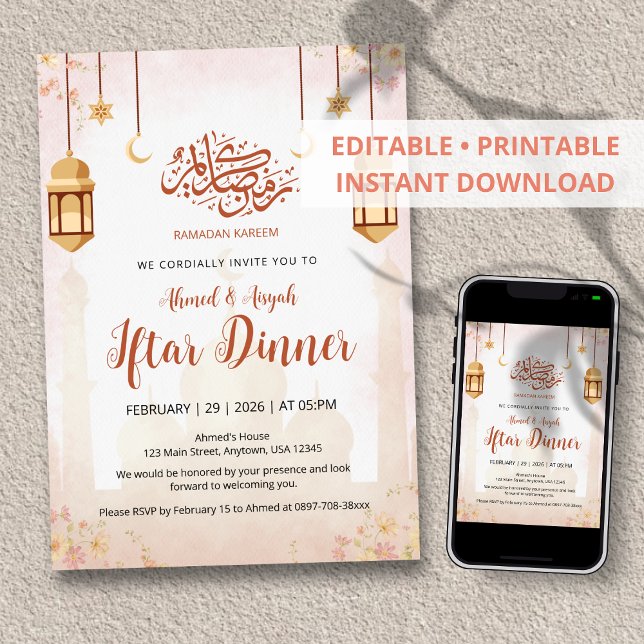 Elegante Convite de Iftar Floral em Aquarela (Criador carregado)
