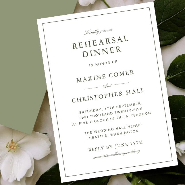 Elegante Convite de Jantar de Ensaios em Verde Poe (Elegant dusty green rehearsal dinner invitation creates a warm and memorable gathering atmosphere.)