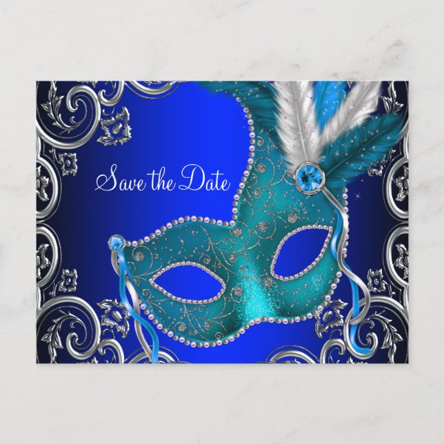Elegante Convite de Máscaras Azul Real Save The Da (Frente)
