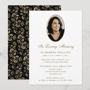 Elegante Convite de Memória Floral Preto e Dourado
