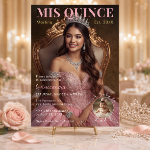 Elegante Convite de Mis Quince Rosa Bege com Foto