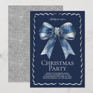 Elegante Convite de Natal Azul Prata com Laço XL