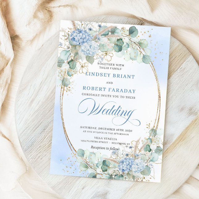 Elegante Convite de Noiva Oval Trigo Azul Hydrange (Elegant Blue Hydrangea Wheat Gold Oval Wedding Invite)