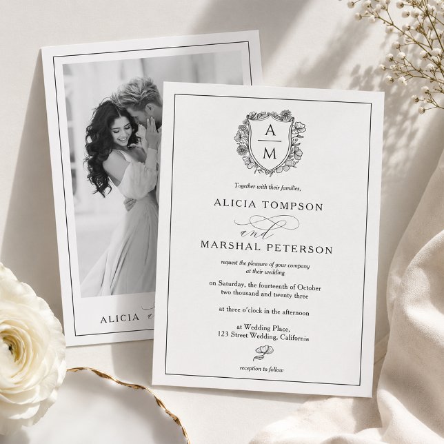 Elegante Convite de Noivado com Foto e Brasão Flor (Elegant Black & White Floral Crest Photo Wedding Invitation)