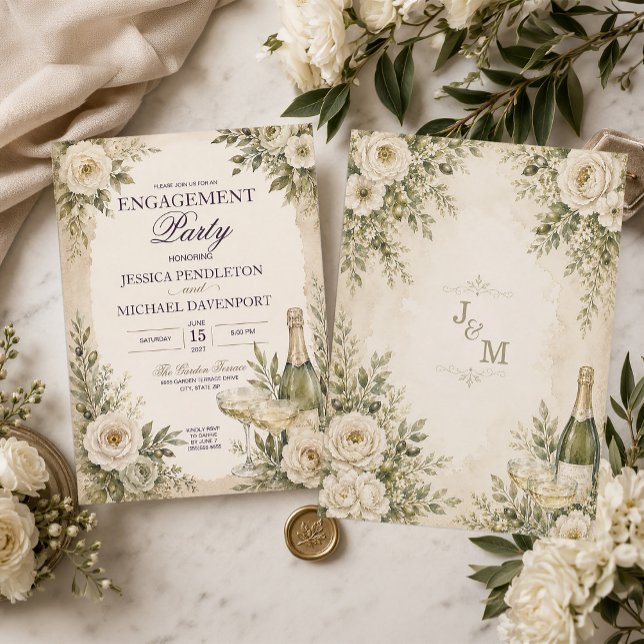 Elegante Convite de Noivado de Jardim com Champanh (Elegant olive green champagne Engagement Party invitation)