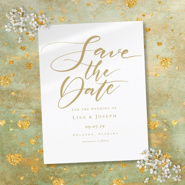 Elegante Convite de Noivado em Script Dourado (Elegant Gold Script Wedding Save the Date Announcement Postcard)