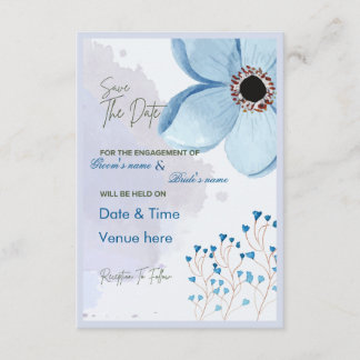 Elegante Convite de Noivado Floral Azul Save the D